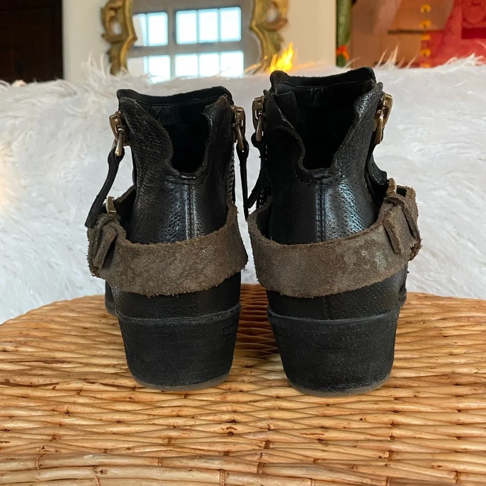 Black Distressed Leather Ankle Booties with Buckle Detail